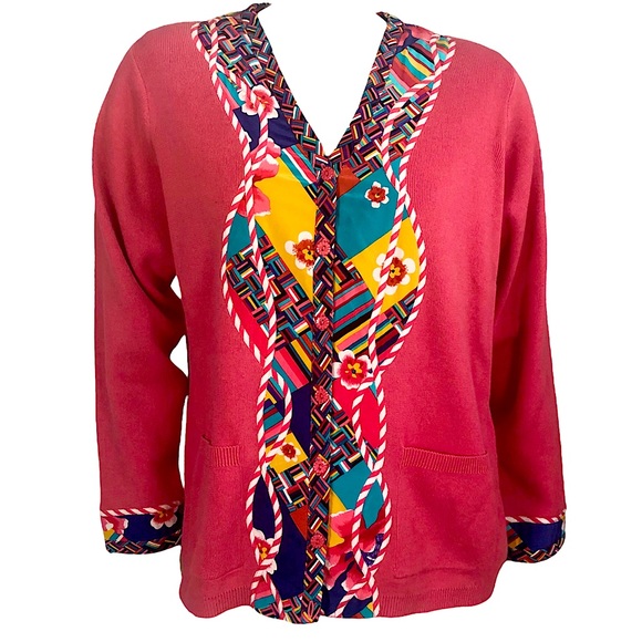 VINTAGE 80s 90s Red Ramie Cotton Knit Postmodern Print Silk Trim Koos of Course - Picture 1 of 8